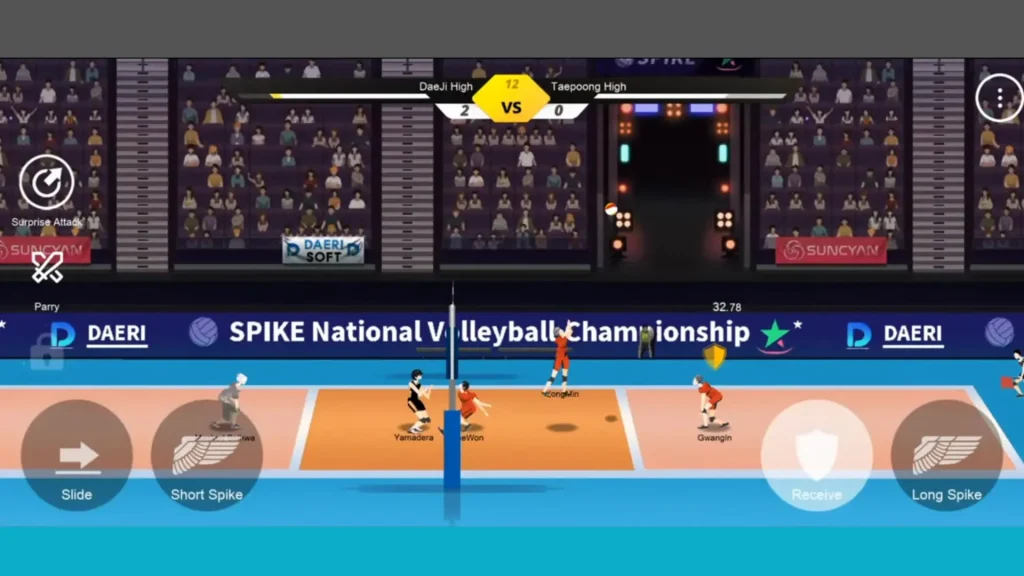 Download The Spike MOD APK v7.3.109 Unlimited Money, No Ads 23 Championship match showing attack, receive and defensive controls in The Spike MOD APK