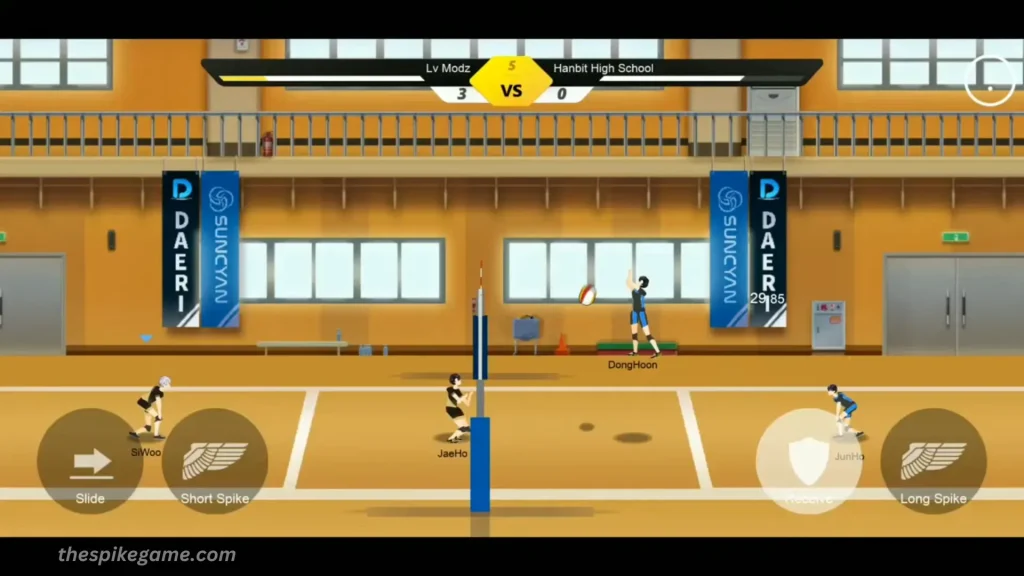 Download The Spike MOD APK v7.3.109 Unlimited Money, No Ads 15 Volleyball match showing on-screen attack, receive and movement controls in The Spike MOD APK
